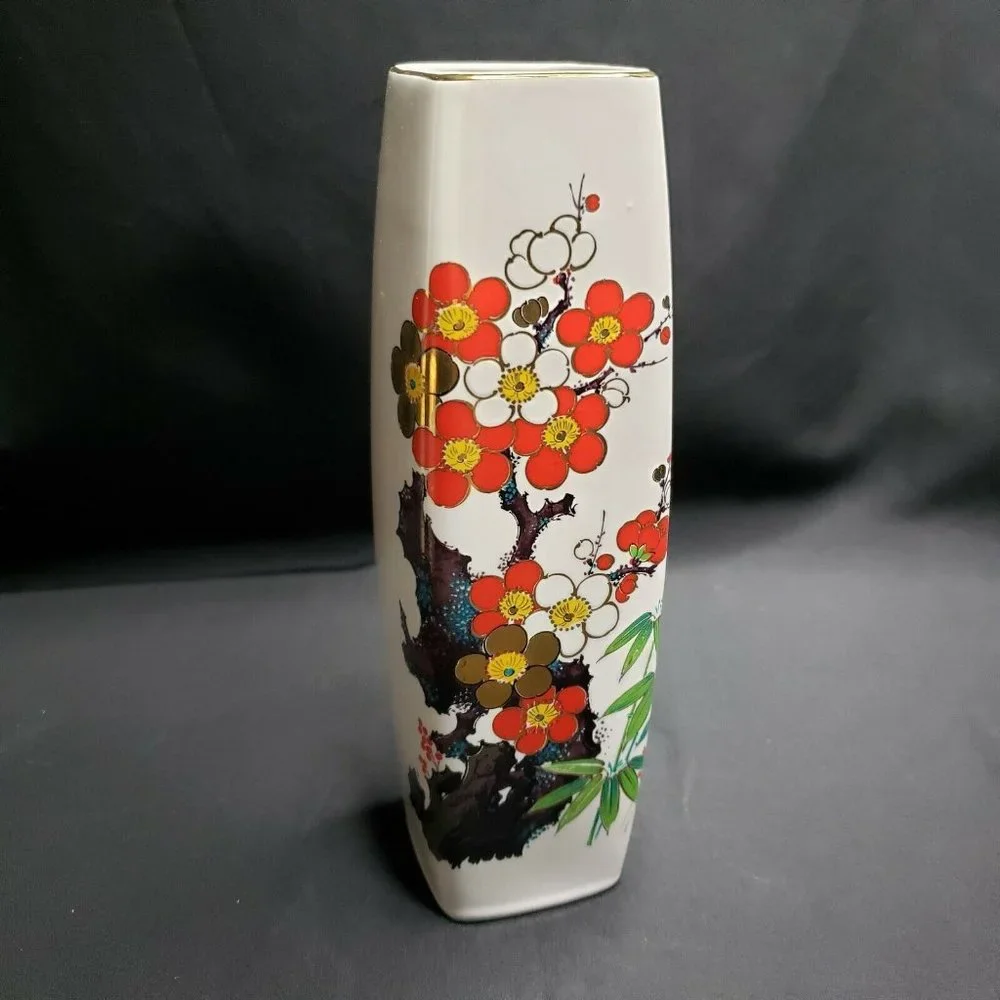 Vintage Floral Bud Vase 9" Porcelain Made In Japan Gold Red Blossoms - Picture 2 of 7